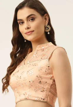 Embroidered Organza Back Cut Out Blouse in Peach