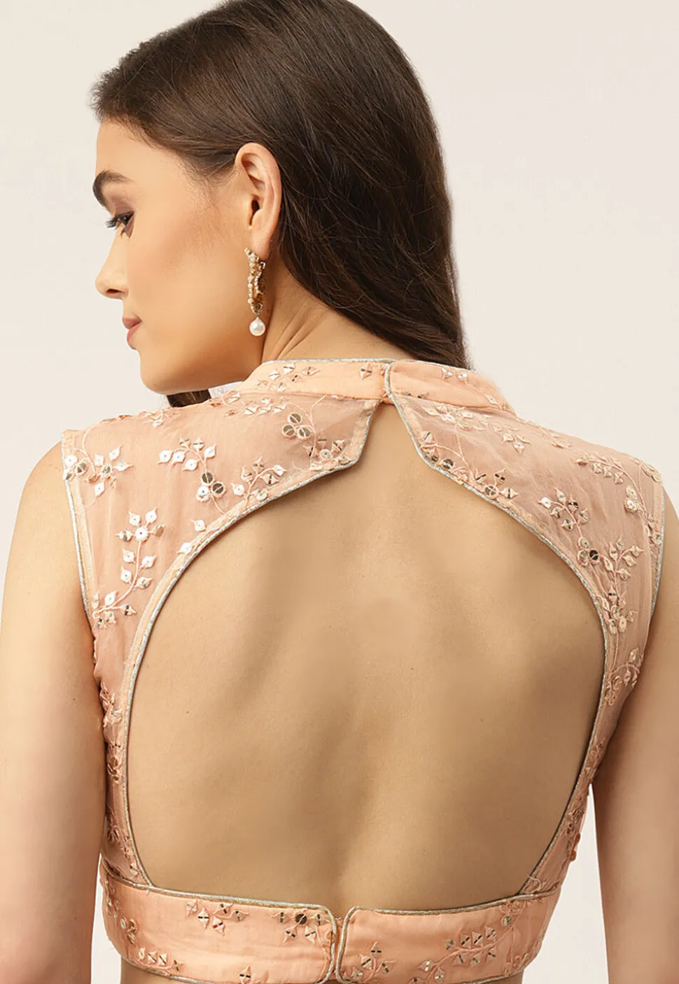 Embroidered Organza Back Cut Out Blouse in Peach