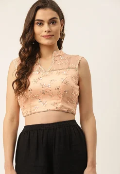 Embroidered Organza Back Cut Out Blouse in Peach