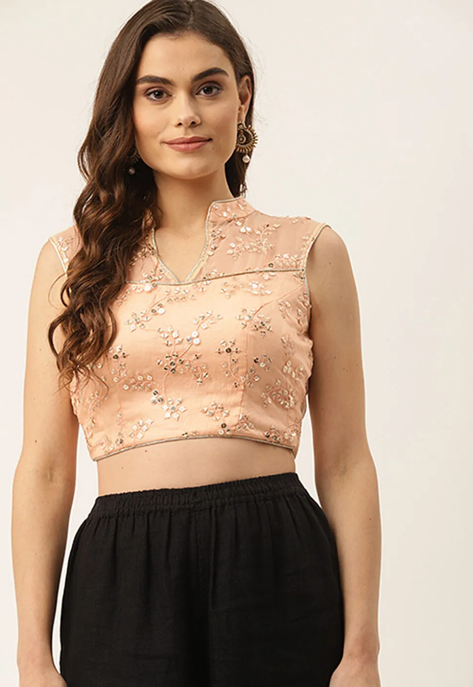 Embroidered Organza Back Cut Out Blouse in Peach