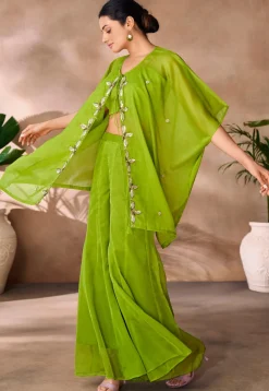 Embroidered Organza Crop Top Set in Light Green