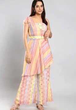 Embroidered Organza Crop Top Set in Multicolor