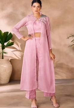 Embroidered Organza Crop Top Set in Baby Pink