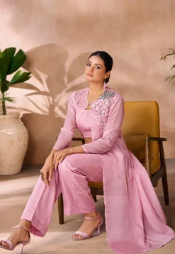 Embroidered Organza Crop Top Set in Baby Pink