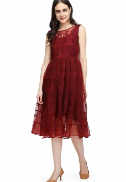Embroidered Organza Fit and Flare Dress in Maroon