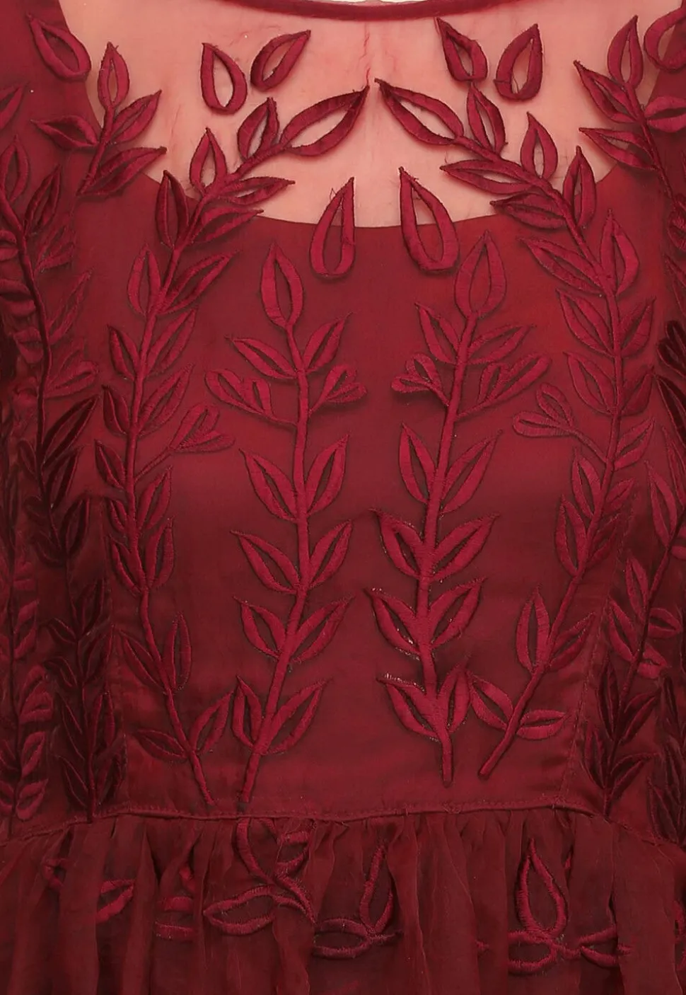 Embroidered Organza Fit and Flare Dress in Maroon