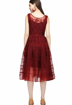 Embroidered Organza Fit and Flare Dress in Maroon