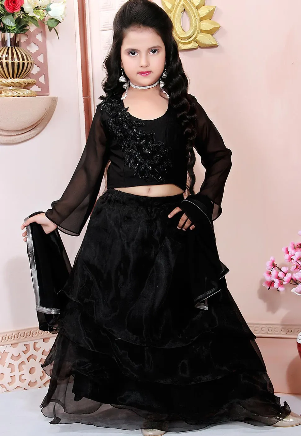 Embroidered Organza Flounced Lehenga in Black