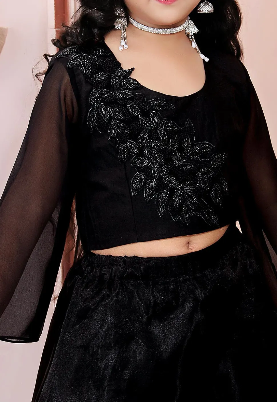 Embroidered Organza Flounced Lehenga in Black