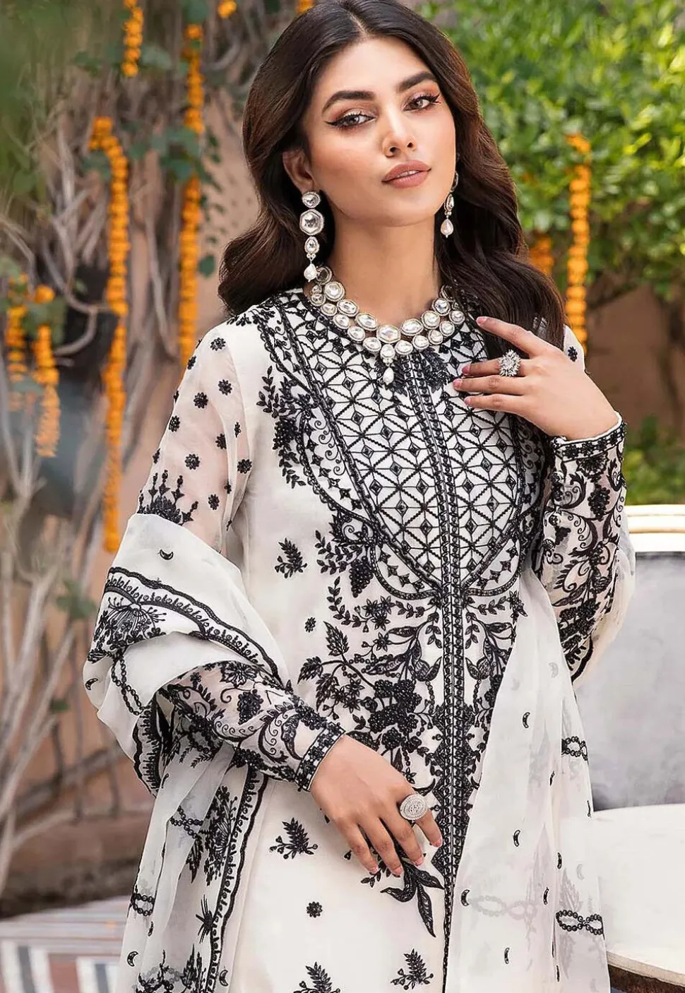 Embroidered Organza Front Slit Pakistani Suit in Off White