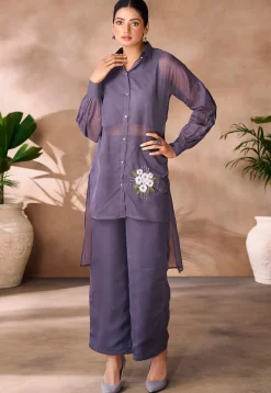 Embroidered Organza High Low Tunic Set in Purple
