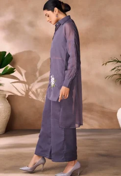 Embroidered Organza High Low Tunic Set in Purple