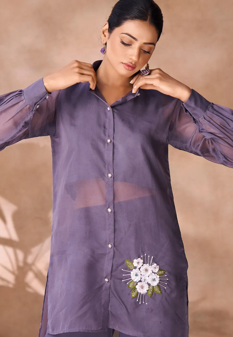 Embroidered Organza High Low Tunic Set in Purple