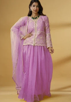 Embroidered Organza Lehenga in Pink