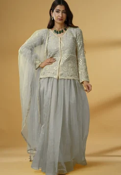 Embroidered Organza Lehenga in Grey