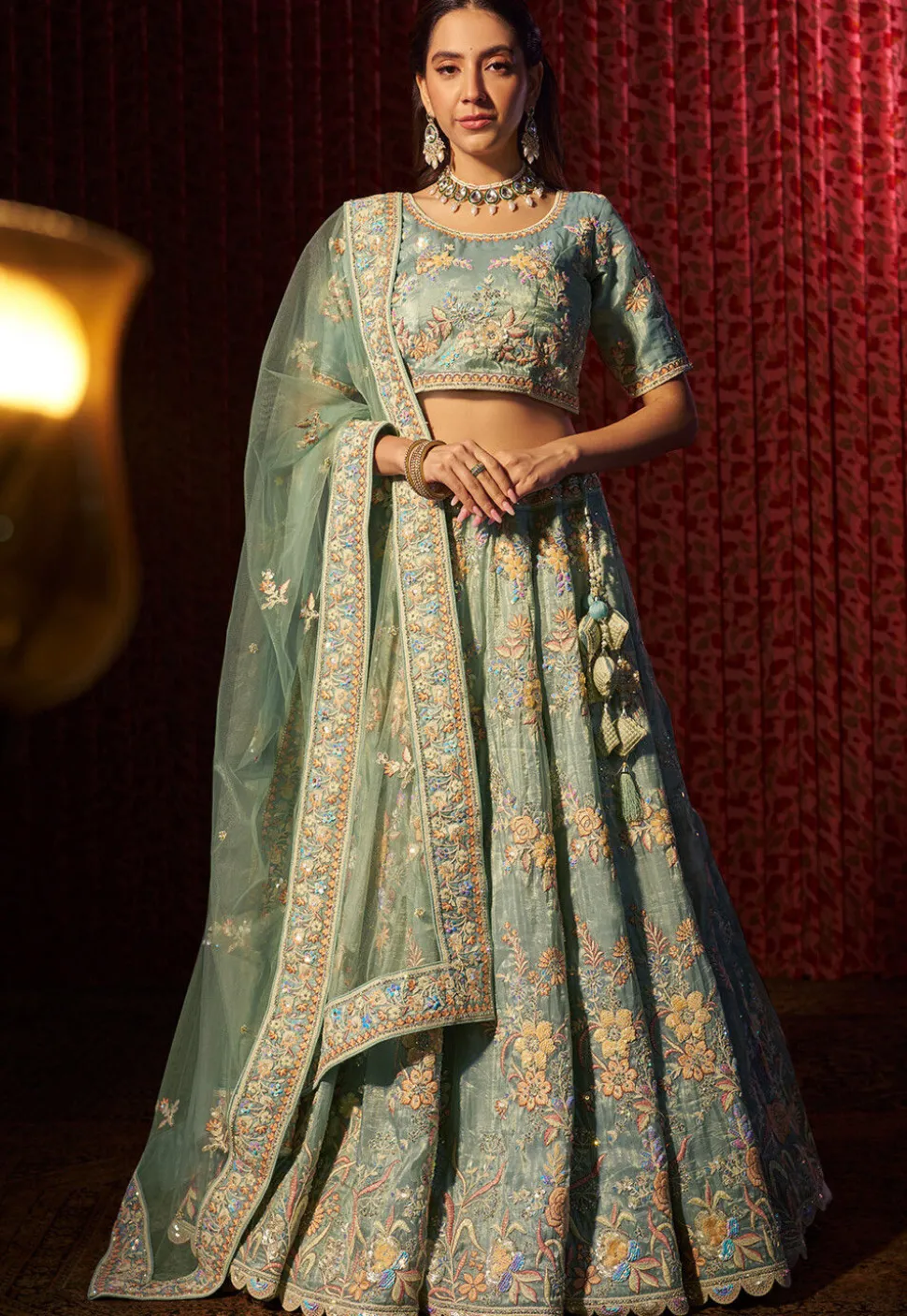 Embroidered Organza Lehenga in Sea Green