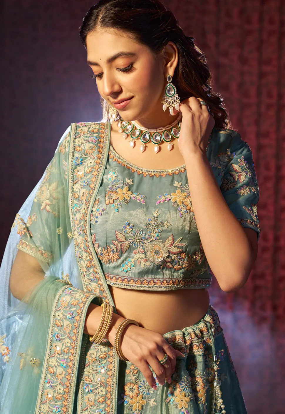 Embroidered Organza Lehenga in Sea Green