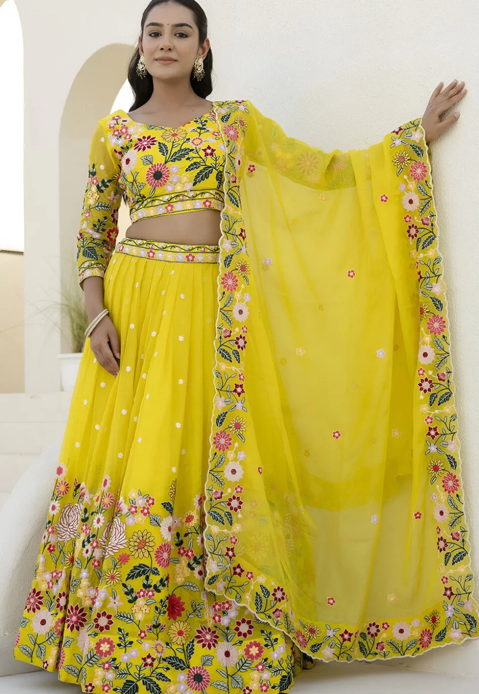 Embroidered Organza Lehenga in Yellow