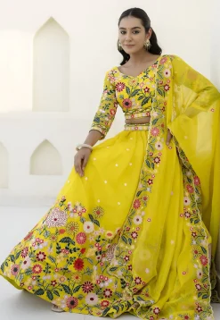 Embroidered Organza Lehenga in Yellow