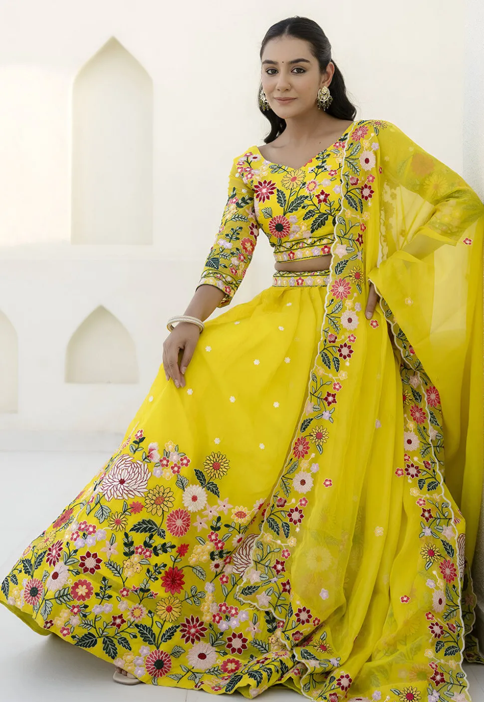 Embroidered Organza Lehenga in Yellow