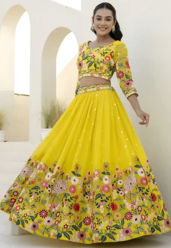 Embroidered Organza Lehenga in Yellow
