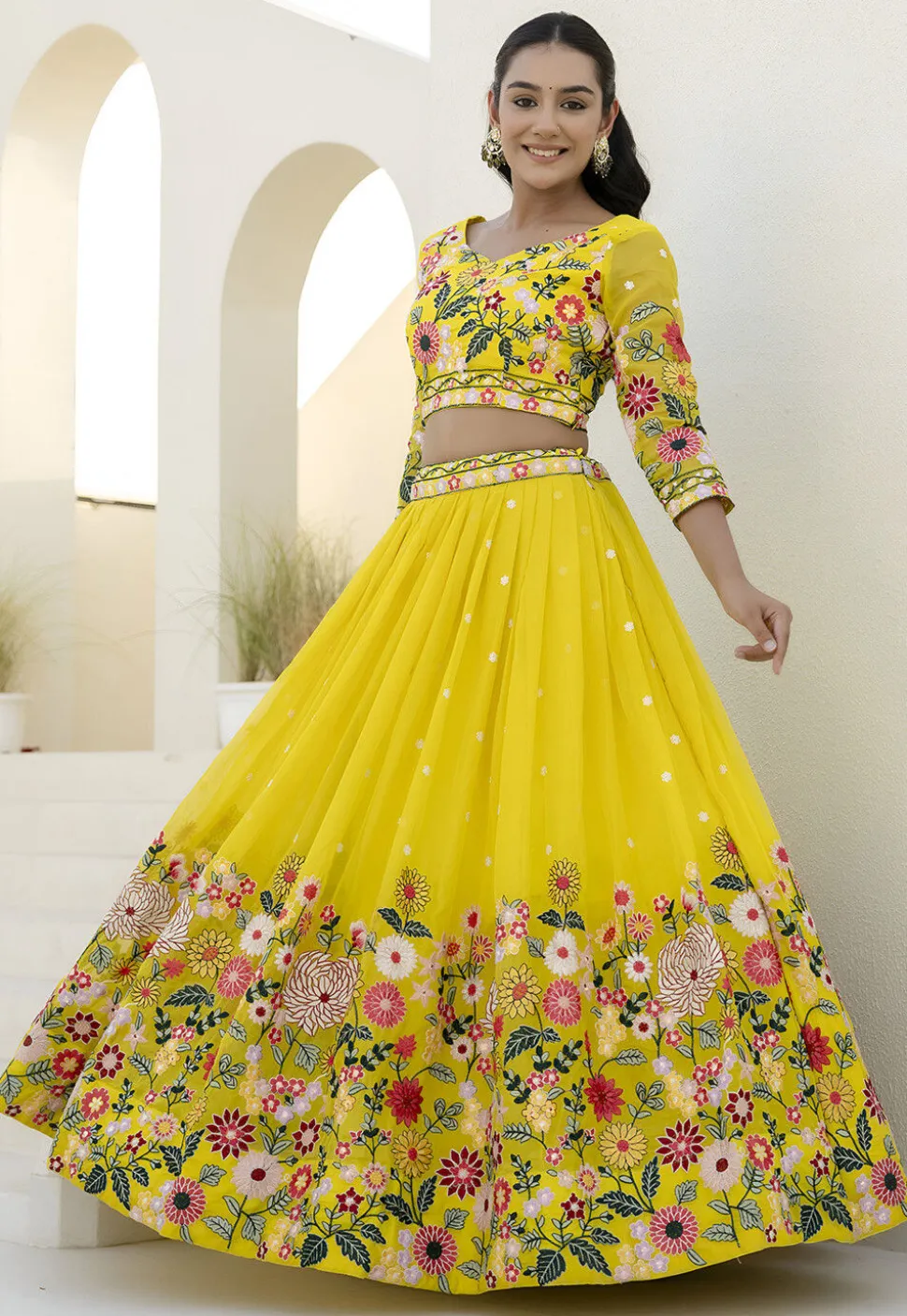 Embroidered Organza Lehenga in Yellow