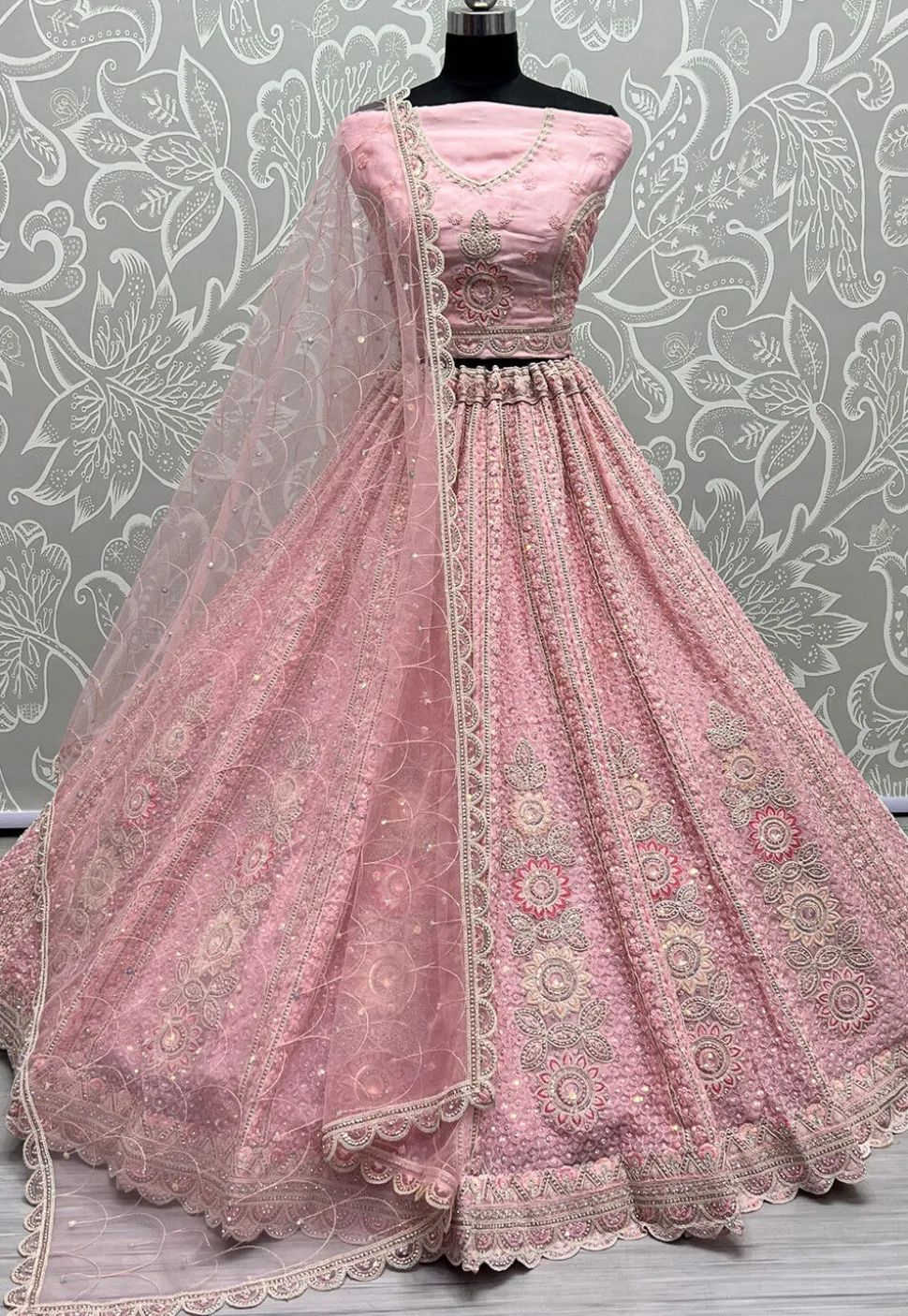 Embroidered Organza Lehenga in Pink