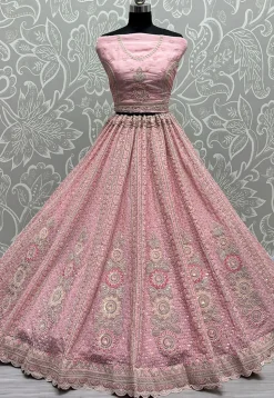 Embroidered Organza Lehenga in Pink