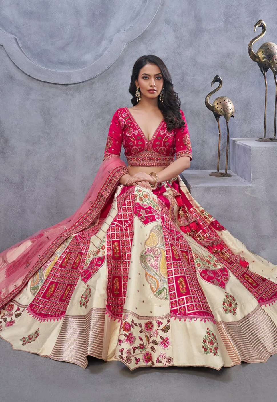 Embroidered Organza Lehenga in Cream and Fuchsia