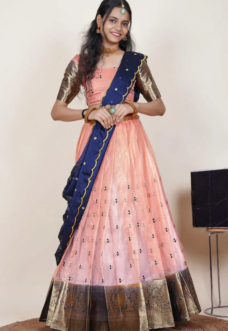 Embroidered Organza Lehenga in Peach