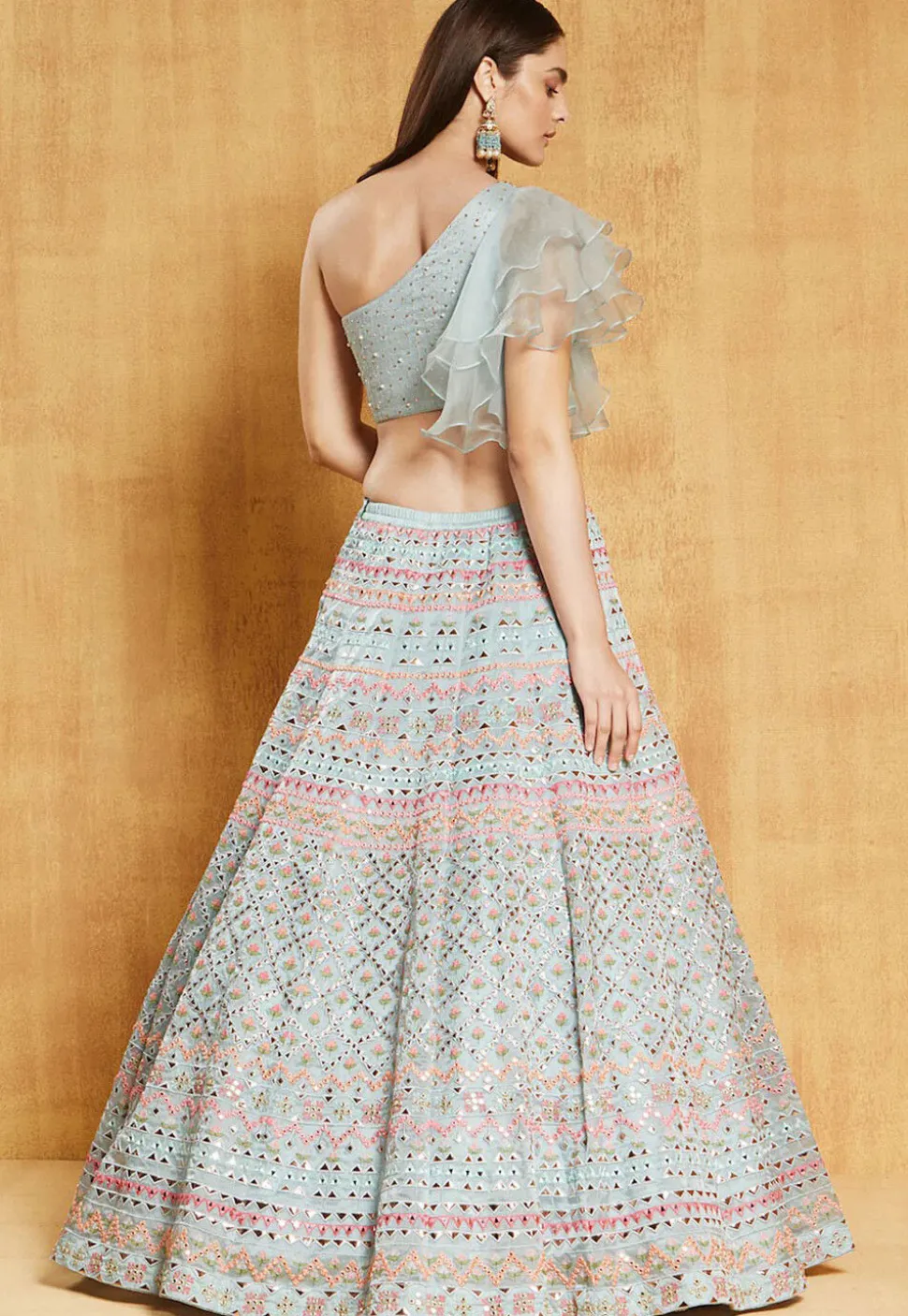 Embroidered Organza Lehenga in Sky Blue