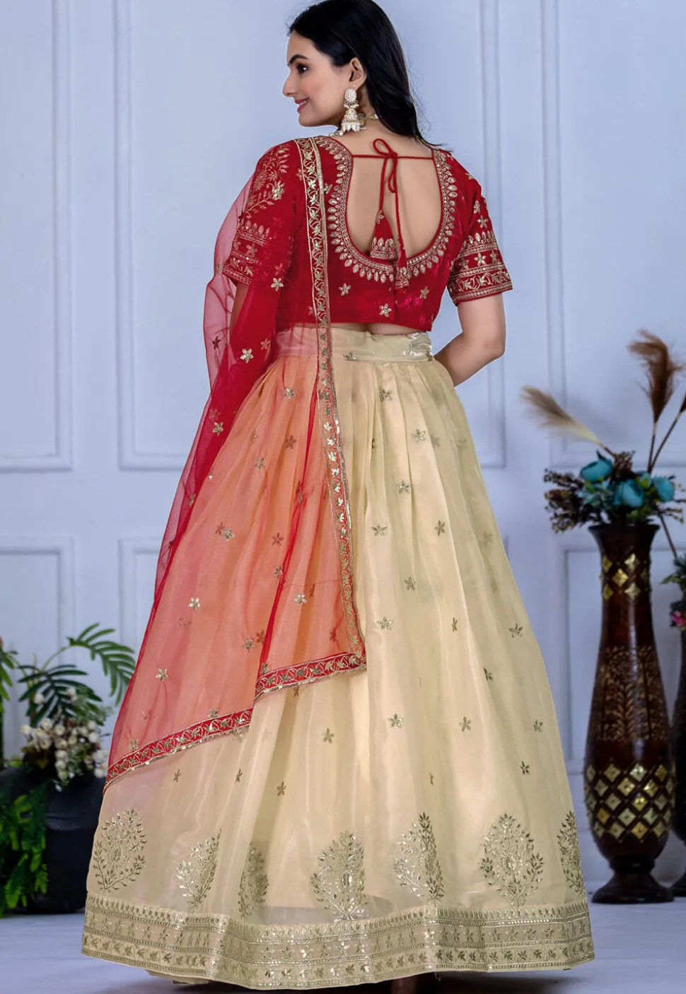 Embroidered Organza Lehenga in Cream