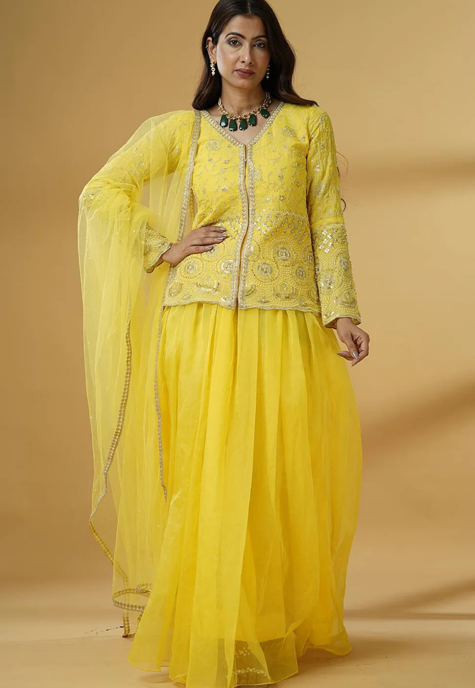Embroidered Organza Lehenga in Yellow