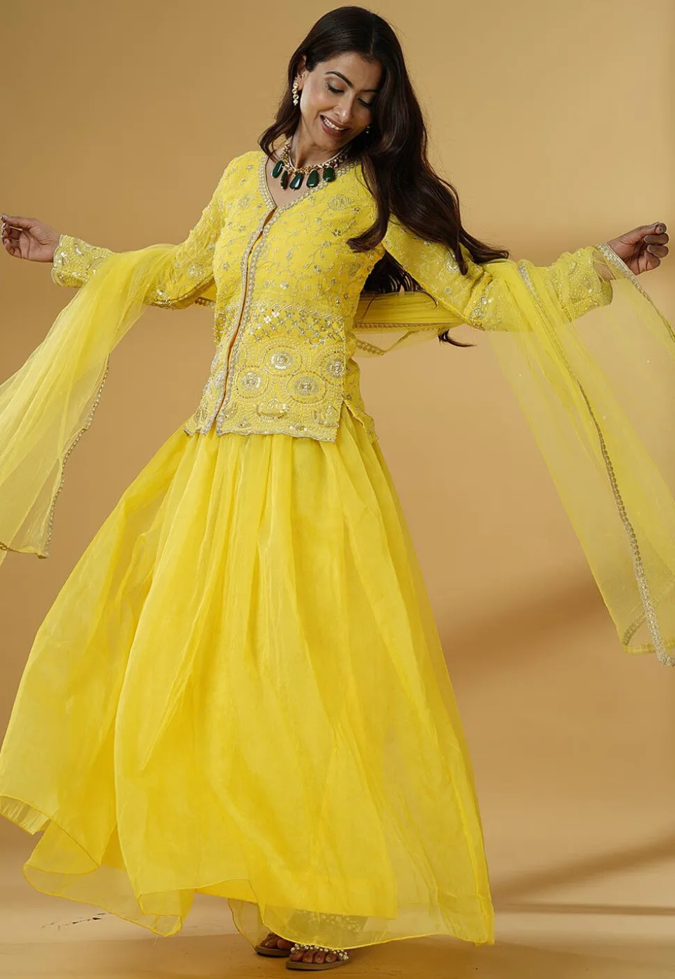 Embroidered Organza Lehenga in Yellow