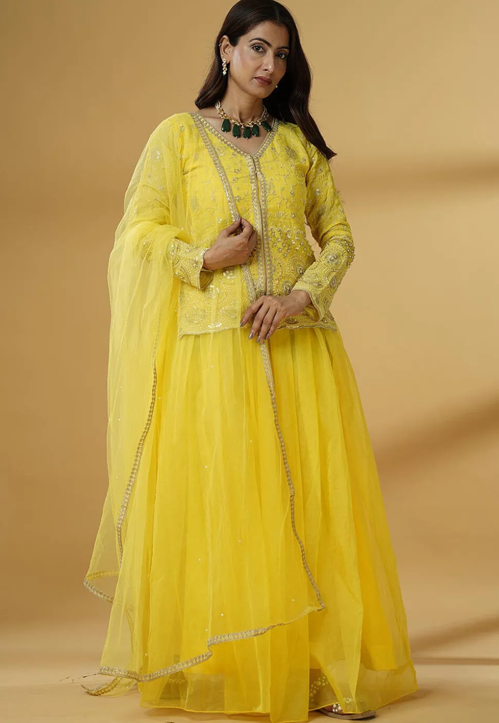 Embroidered Organza Lehenga in Yellow