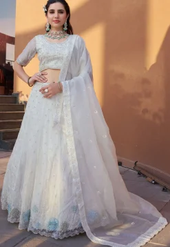 Embroidered Organza Lehenga in Off White