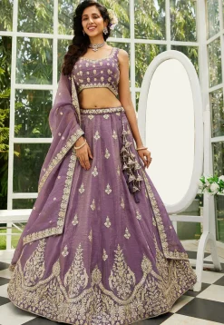 Embroidered Organza Lehenga in Purple