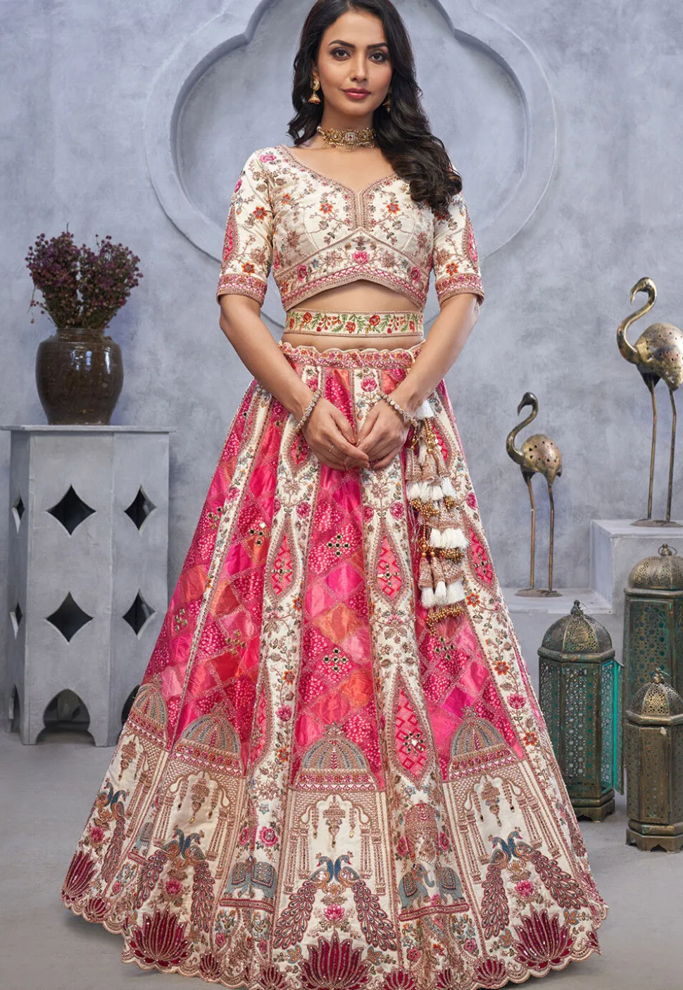 Embroidered Organza Lehenga in Pink
