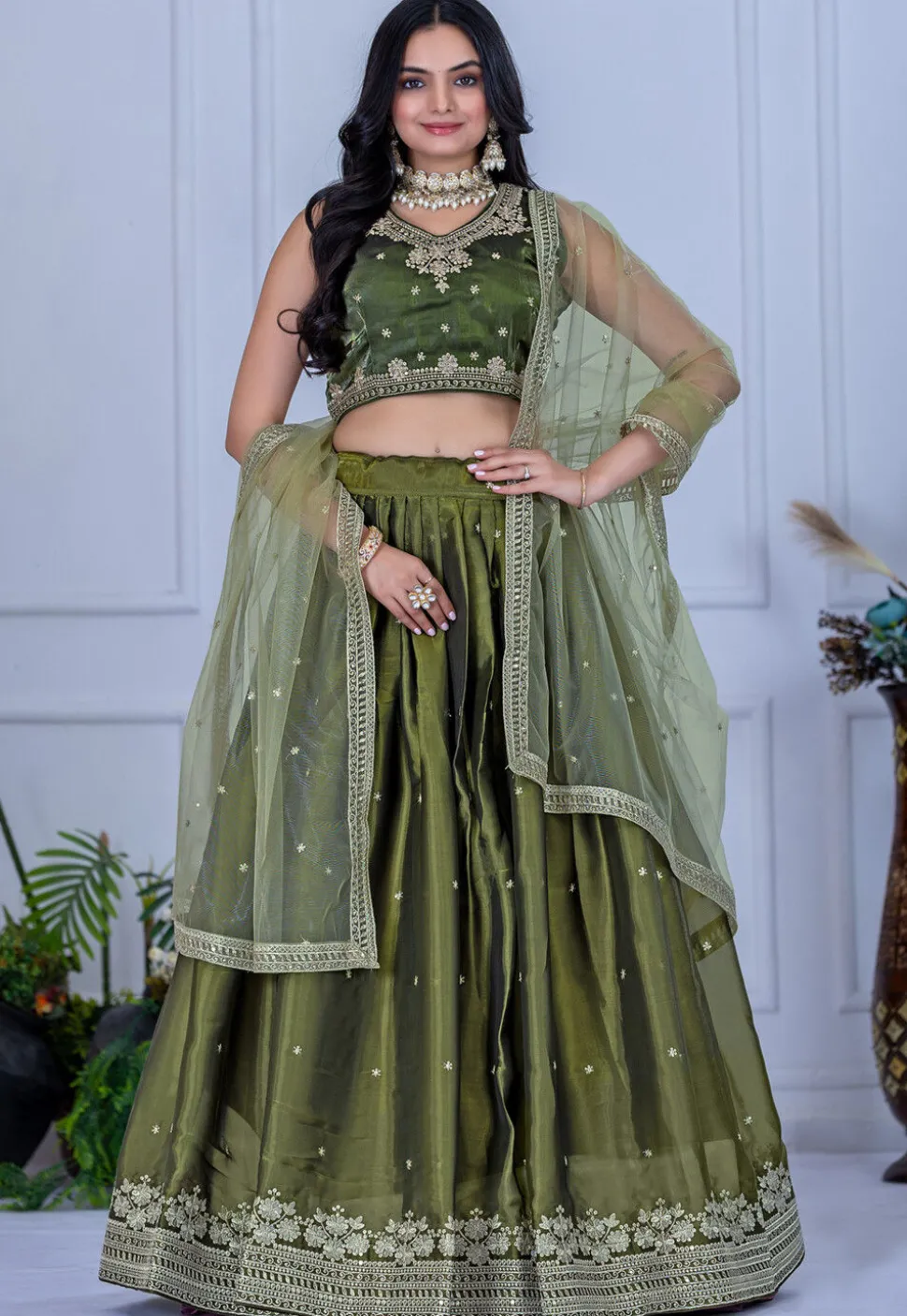 Embroidered Organza Lehenga in Olive Green