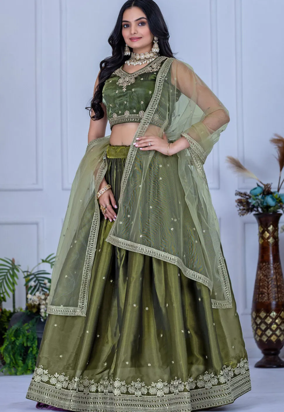Embroidered Organza Lehenga in Olive Green