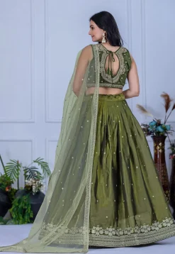 Embroidered Organza Lehenga in Olive Green