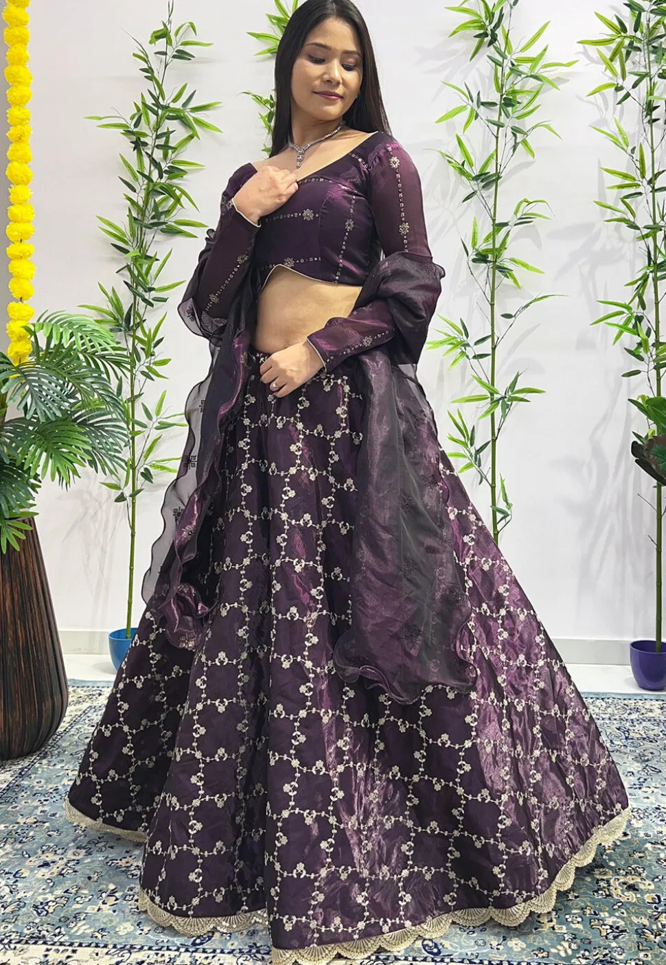 Embroidered Organza Lehenga in Wine