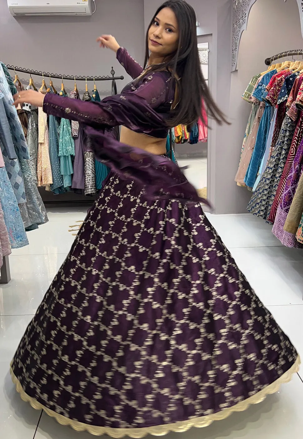 Embroidered Organza Lehenga in Wine