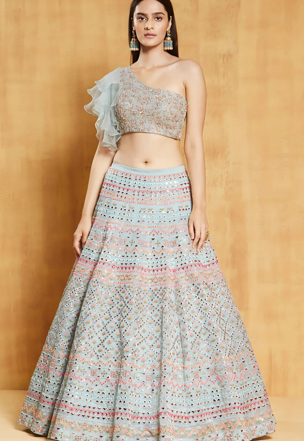 Embroidered Organza Lehenga in Light Blue