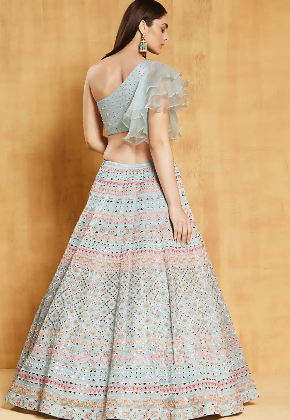 Embroidered Organza Lehenga in Light Blue
