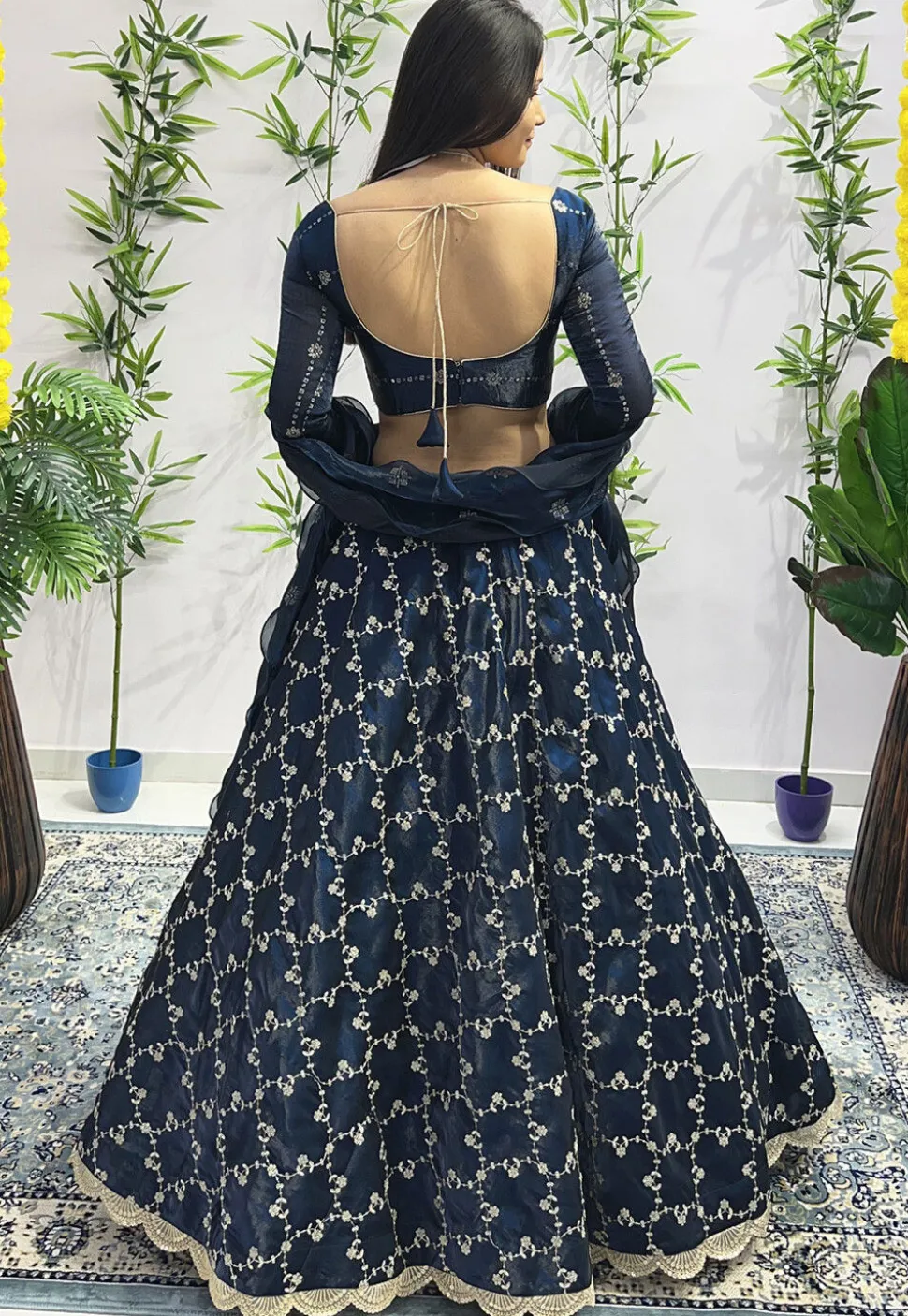Embroidered Organza Lehenga in Navy Blue