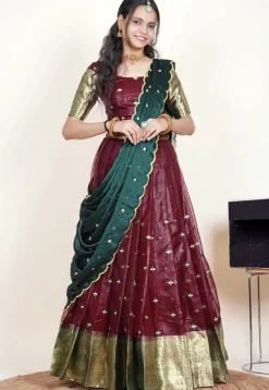 Embroidered Organza Lehenga in Maroon