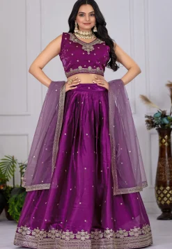 Embroidered Organza Lehenga in Purple
