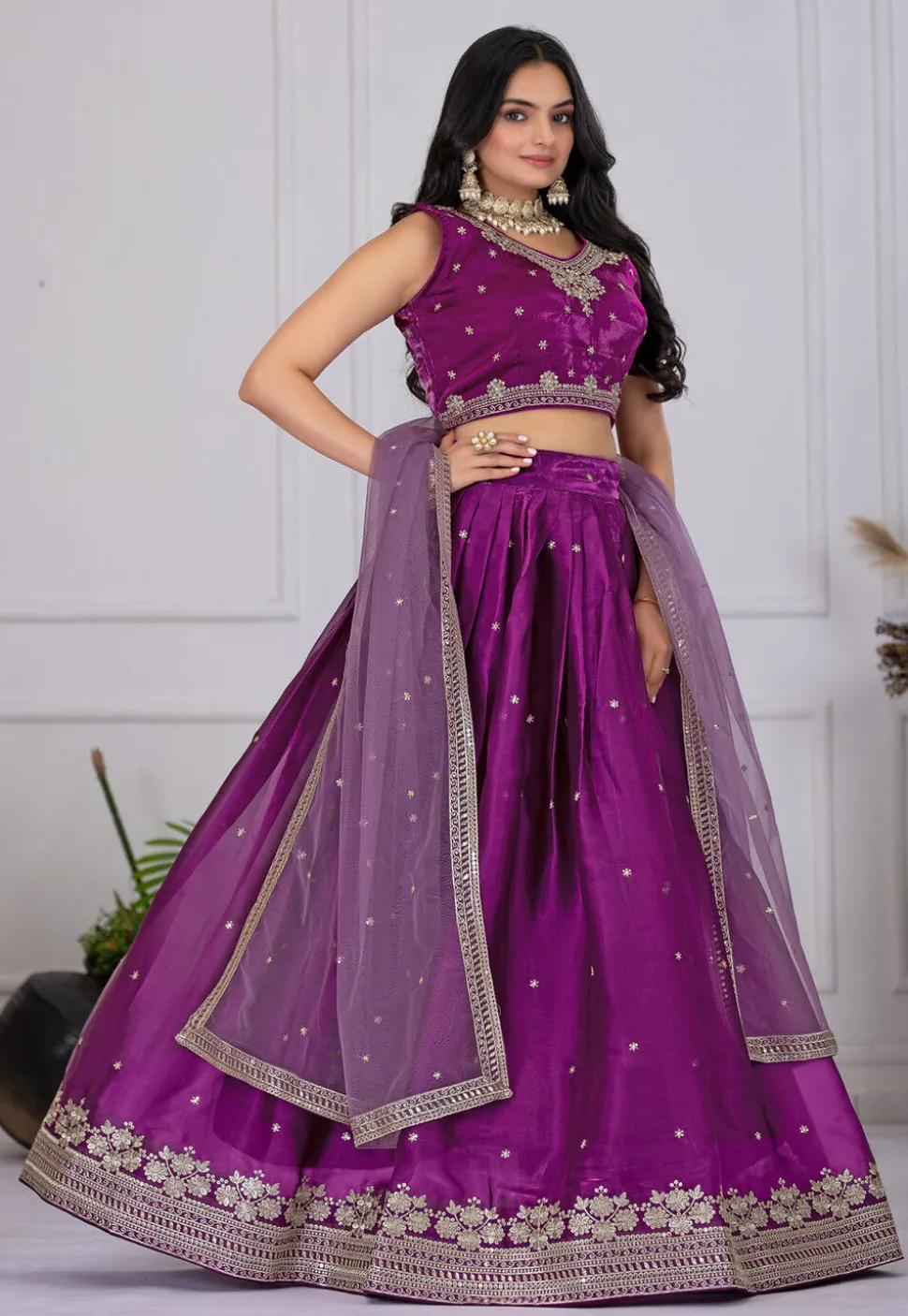 Embroidered Organza Lehenga in Purple