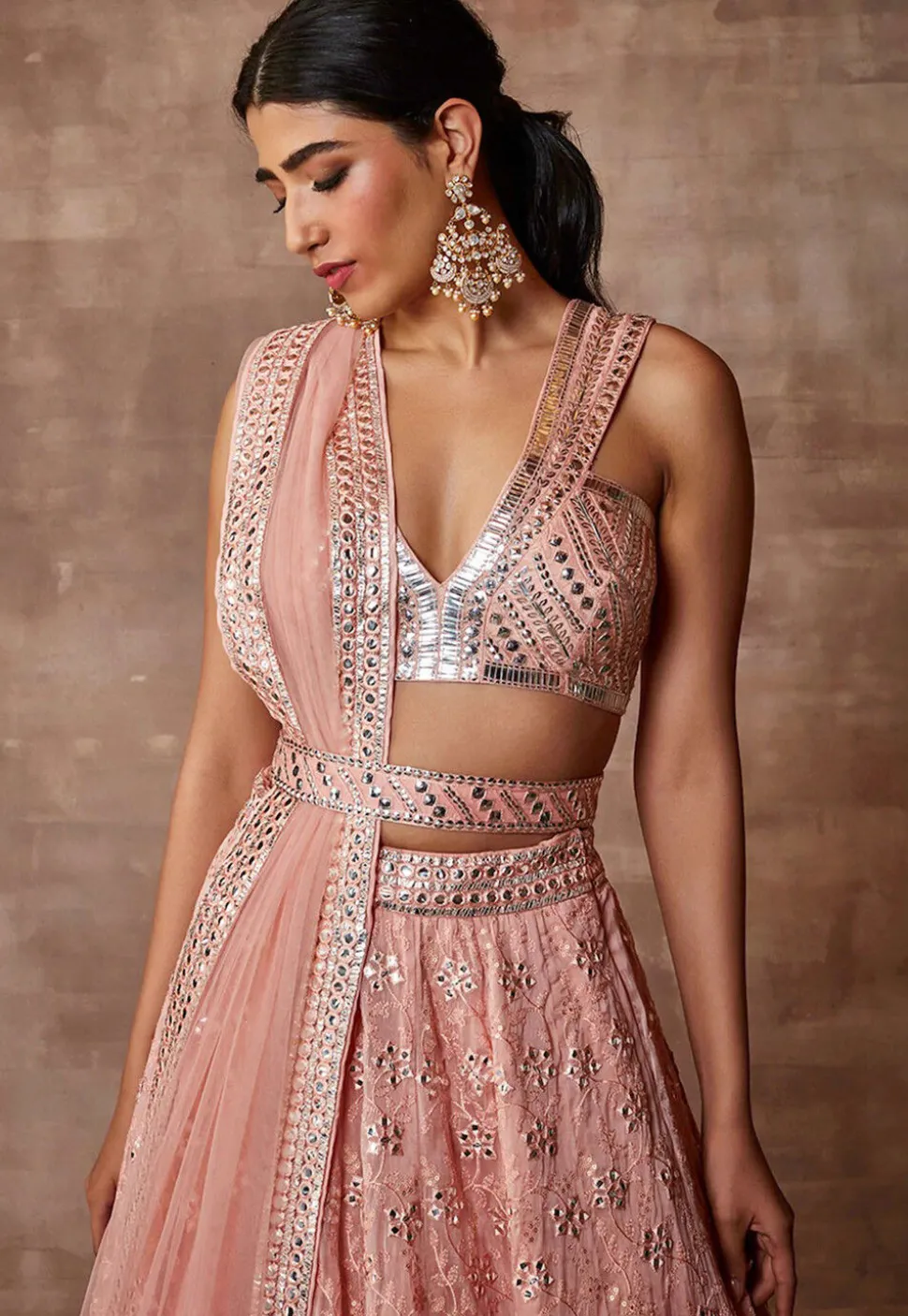 Embroidered Organza Lehenga in Peach